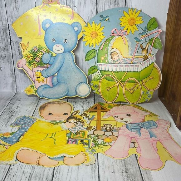 Vintage Spring Die Cut Decoration Beistle Co. Bear Lamb Baby set of 4 Made in US - Picture 1 of 6